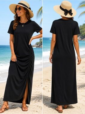 Old Navy Black Short-Sleeve Ruched Maxi Dress NWT Large